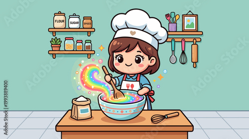Happy little girl chef mixing a glowing magical rainbow batter in a kitchen bowl, vector illustration.