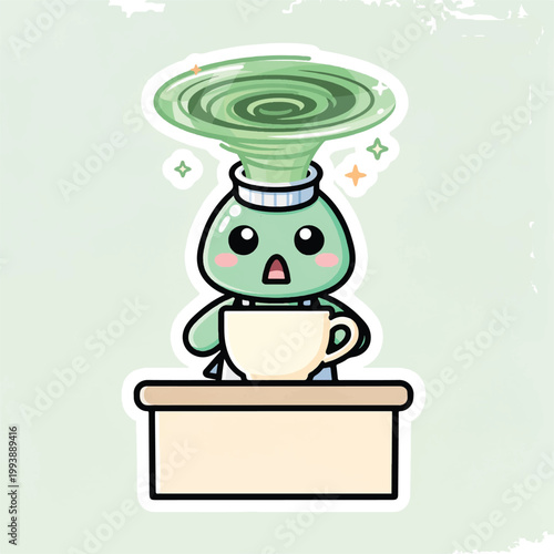Canvas Print Cute cartoon character with swirling vortex above head holding coffee cup