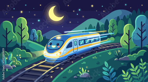 Cute cartoon high speed train traveling through a forest landscape at night with a glowing moon, vector illustration.