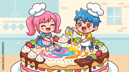 Two happy little chefs decorating a giant cake with colorful liquid icing and fruits, vector illustration.
