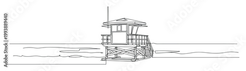 Continuous line drawing of a lifeguard tower on a sandy beach by the ocean, perfect for coastal themes and summer advertisements