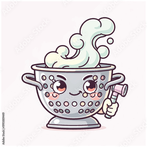 Cute cartoon colander character with soap bubbles and a hammer.