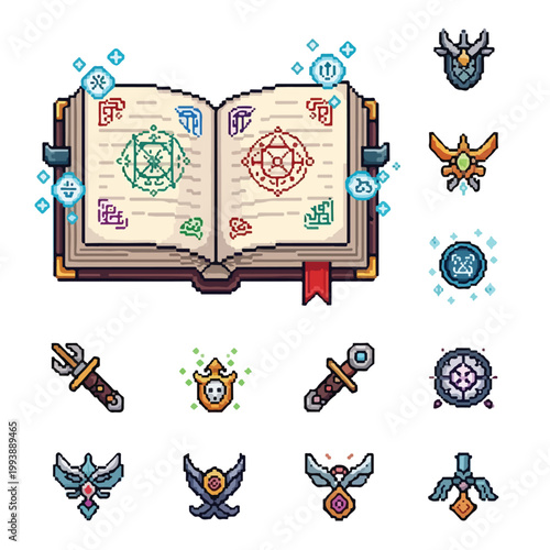 This pixel art collection features a detailed magic grimoire, enchanted weaponry, and mystical icons designed for a fantasy game interface.