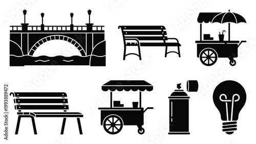 Solid black glyphs representing essential urban infrastructure elements and everyday objects for graphic design and application development