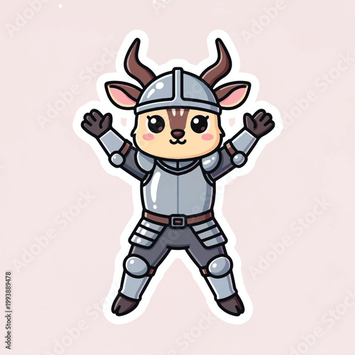Cute cartoon deer knight in full armor with helmet and horns.