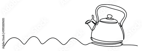 Continuous line drawing of an electric kettle with wavy cord for kitchen appliance promotions and culinary graphics.