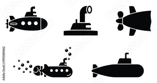 Submarine vector icon collection for maritime transportation, underwater exploration, and oceanographic visual projects