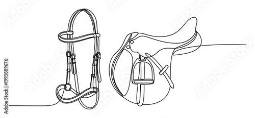 Continuous line drawing of equestrian bridle and saddle for horse riding sports and animal care graphic resources