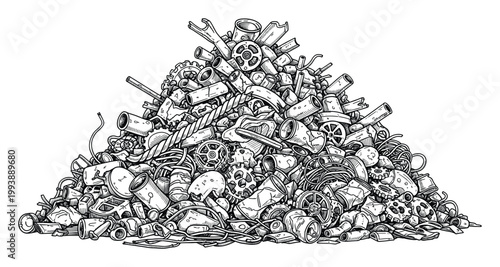 Detailed line drawing of a huge scrap metal pile for industrial themes or recycling and waste management projects