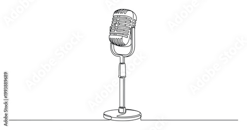 Elegant continuous line drawing of a vintage microphone on a stand representing audio recording and broadcasting for various creative media applications