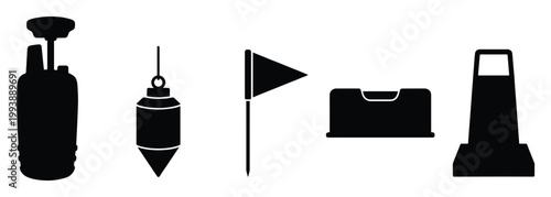 Essential construction and land surveying equipment silhouettes for civil engineering and building project applications.