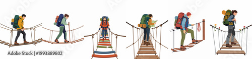 Set of hikers with backpacks crossing suspension bridges, vector illustrations isolated on white background, representing adventure, trekking, and outdoor activities.