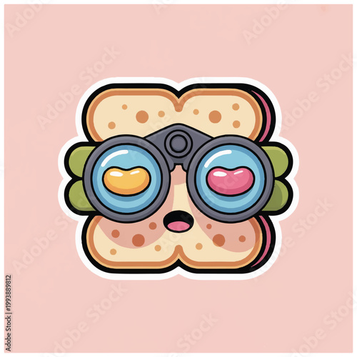 Cute sandwich character wearing binoculars looking forward.