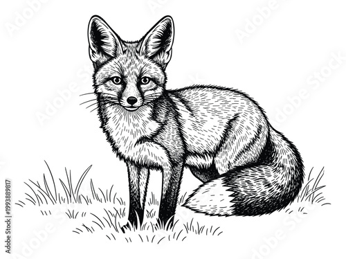Graceful wild fox line drawing in an engraving style for nature themed merchandise and educational materials