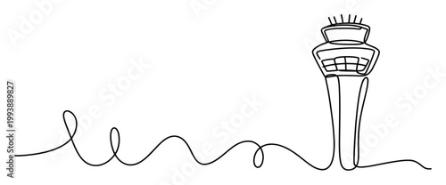 Dynamic continuous line art of an airport control tower representing air traffic management and global transportation