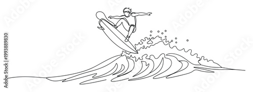 Dynamic single line drawing of a surfer riding a large ocean wave perfect for sport event promotions
