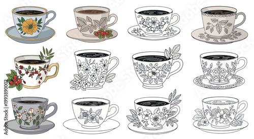 Collection of Vintage Tea Cups and Saucers with Floral Designs