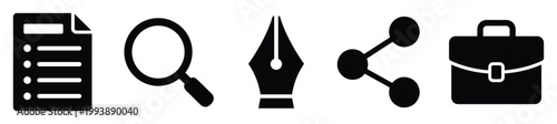 Professional business and communication icons for digital reports, search, writing, sharing, and work applications