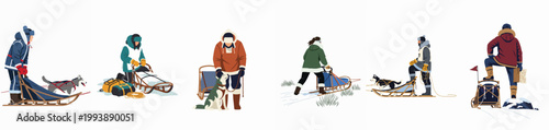 Collection of flat vector illustrations depicting people and dogs participating in winter dog sledding activities and arctic exploration in a snowy environment.