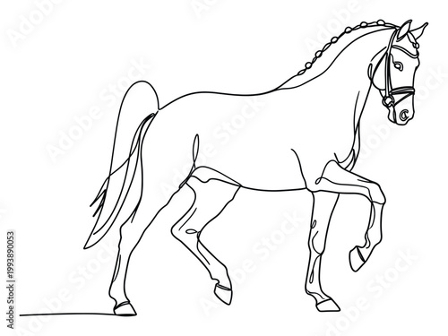 Elegant one line drawing of a majestic dressage horse in graceful motion, perfect for equestrian themed branding and sophisticated graphic design projects.