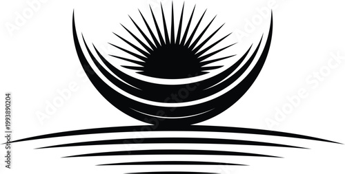 Black sun rising over calm water with ripples at sunrise