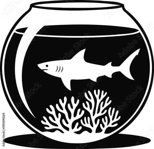 Fish shark swimming in round aquarium bowl with coral decoration