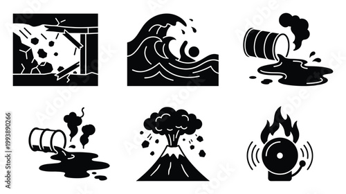 Essential safety warning icons for various natural and industrial disasters including emergencies