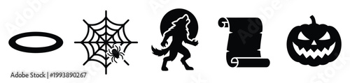Essential Halloween celebration silhouettes featuring werewolf spiderweb jackolantern and old scroll for party invitations and decorations