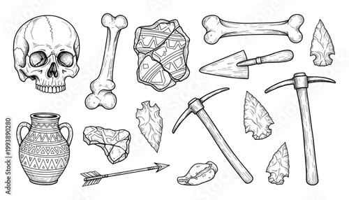 Archaeological artifacts and excavation tools line drawing collection for history and science educational resources