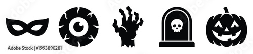 Spooky Halloween icon set featuring masquerade mask scary eyeball zombie hand tombstone and jackolantern for seasonal celebration