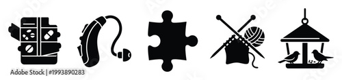 Glyph symbols representing daily wellness, disability support, hobbies, and nature connection like medication, hearing aid, puzzle, knitting, and birdfeeder