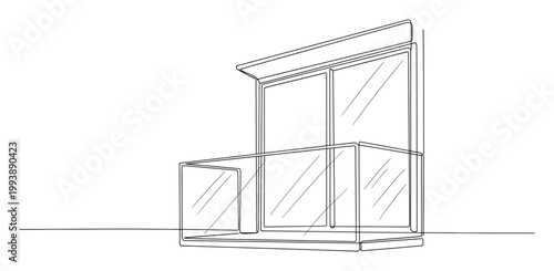 Continuous single line drawing of a modern balcony with glass railings suitable for architectural blueprints and home renovation marketing materials