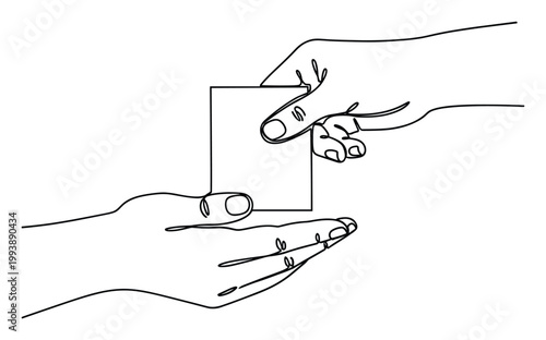 Continuous line sketch of hands giving and receiving a document ideal for themes of exchange deal or sharing