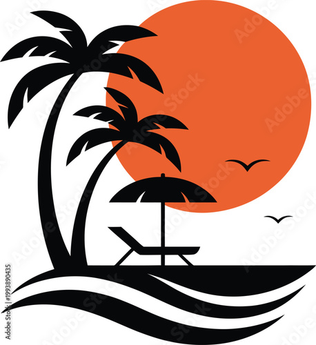 Tropical beach scene with palm trees and sun on the ocean shore