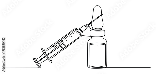 Medical syringe with a needle entering a pharmaceutical vial illustrating medication drawing for healthcare and science applications