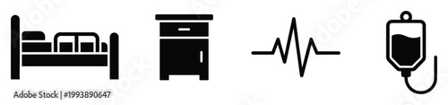 Medical and healthcare icons including hospital bed nightstand heartbeat and IV drip for health clinic applications