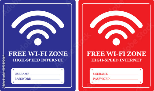 ree Wi-Fi zone sign set with high speed internet connection labels.Wi-Fi hotspot stickers with username and password login fields.