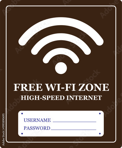 ree Wi-Fi zone sign set with high speed internet connection labels.Wi-Fi hotspot stickers with username and password login fields.