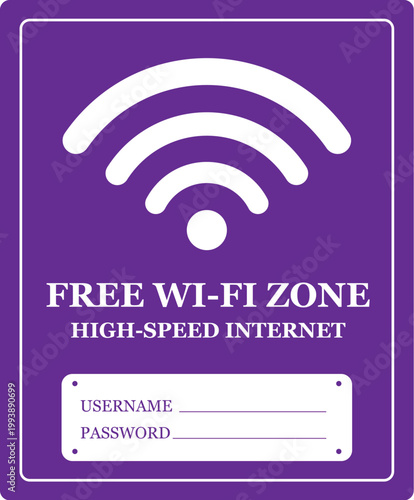 ree Wi-Fi zone sign set with high speed internet connection labels.Wi-Fi hotspot stickers with username and password login fields.
