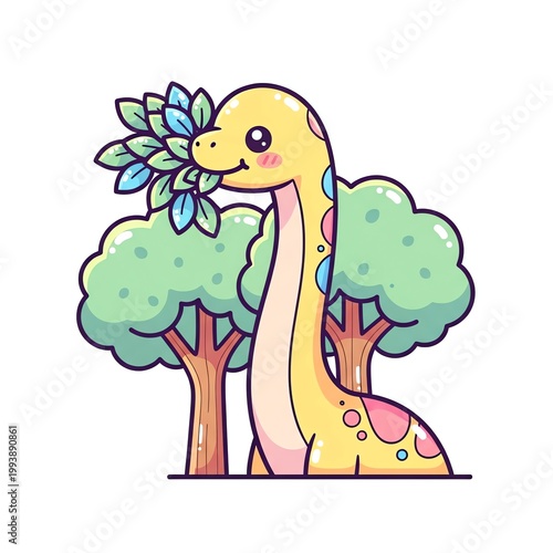 Cute Cartoon Brontosaurus Eating Leaves in a Forest.