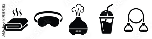 Essential wellness icons representing selfcare routines, relaxation, and healthy lifestyle applications
