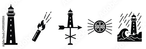 Lighthouse and maritime symbols representing navigation, warning, and safety for nautical graphic design applications