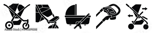 Essential baby gear silhouette icon collection including prams, car seats, and foldable strollers for parenting guides, product listings, and childcare resources.