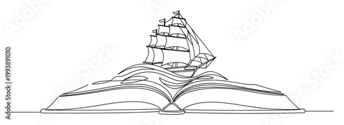 Continuous line drawing of open book and sailing ship symbolizing imagination and adventure for literary themes.