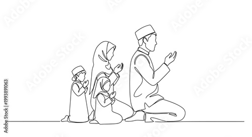 Muslim Family Praying Together Line Art Illustration