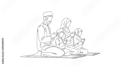 Muslim Family Praying Together Line Art Illustration