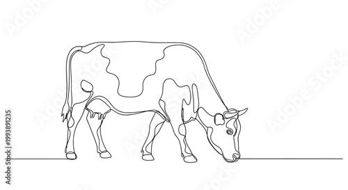 Minimalist Line Art Illustration of a Grazing Cow