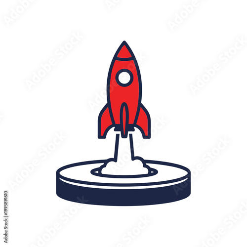 Red Rocket Launching Off Circular Pad with Smoke Trail