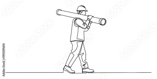 Single line drawing of a skilled laborer wearing hard hat and carrying industrial pipe for construction industry projects