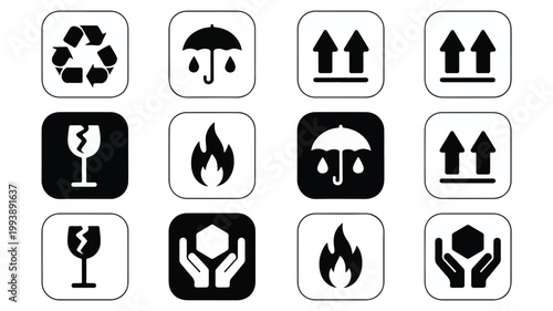 Black and white shipping symbols for handling fragile flammable and wet items handling symbols